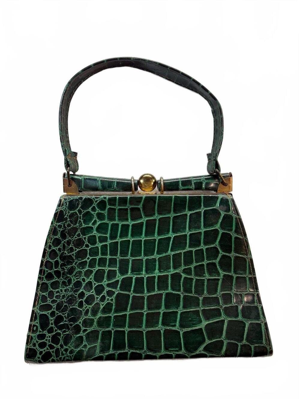 Vintage Green Croc Embossed Frame Handbag Gold Tone Kiss Lock Top Handle